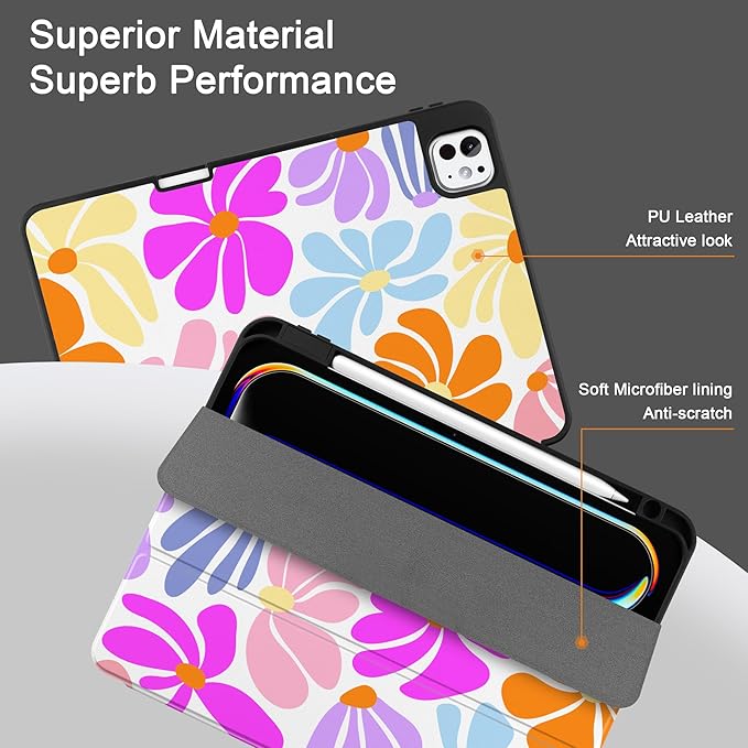 DONGKE Case for iPad Pro 13 inch (M5 2025 / M4 2024) – [Built-in Pencil Holder] Ultra Slim PU Leather Trifold Stand Cover with Soft TPU Back Auto Wake/Sleep - Retro Flowers
