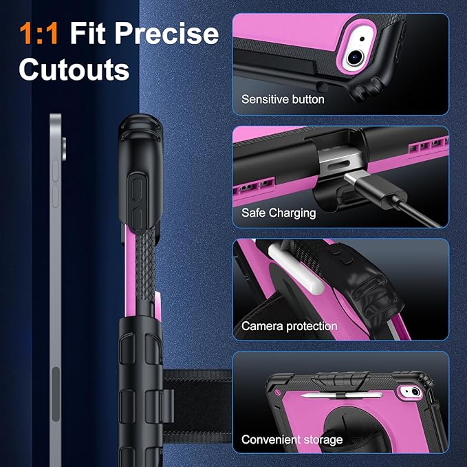 Case for iPad (A16) 11th Generation 11 Inch (2025) Ubearkk for iPad 10th Generation 10.9 inch 2022 case with Screen Protector 360 Degree Rotating Stand/Adjustable Shoulder Strap/Pencil Holder Pink