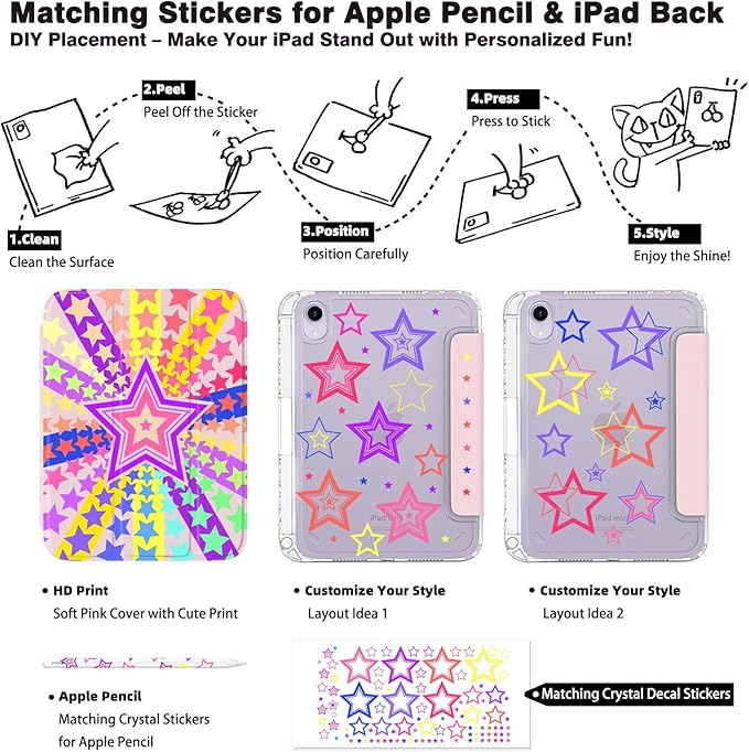 Y2K Rainbow Starburst iPad mini Case for Girls – Colorful Five-Point Star Design with Pencil Holder Auto Wake/Sleep &amp DIY Stickers Retro Pop Art Protective Cover for iPad mini 6/7
