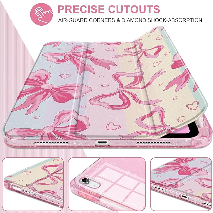 MEEgoodo Case for iPad A16 11th Generation 2025/10th Generation 2022 Glitter Tablet Cases with Transparent Acrylic Back+Trifold Stand +Pencil Holder+Auto Wake/SleepPink Bow &amp Rainbow Striped