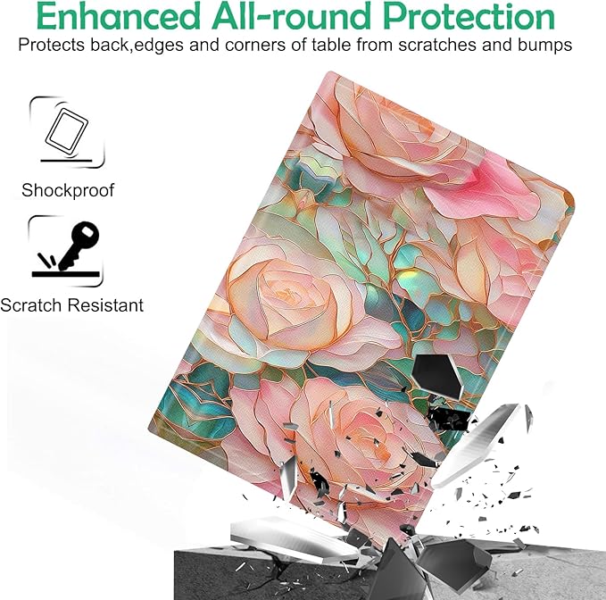 Compatible with iPad Air 13 inch Case (M3 2025 /M2 2024)/12.9 inch Case (6th/5th/4th/3rd 2022/2021/2020/2018) with Pencil HolderAuto Wake/Sleep Protect CoverBlooming Pink Rose
