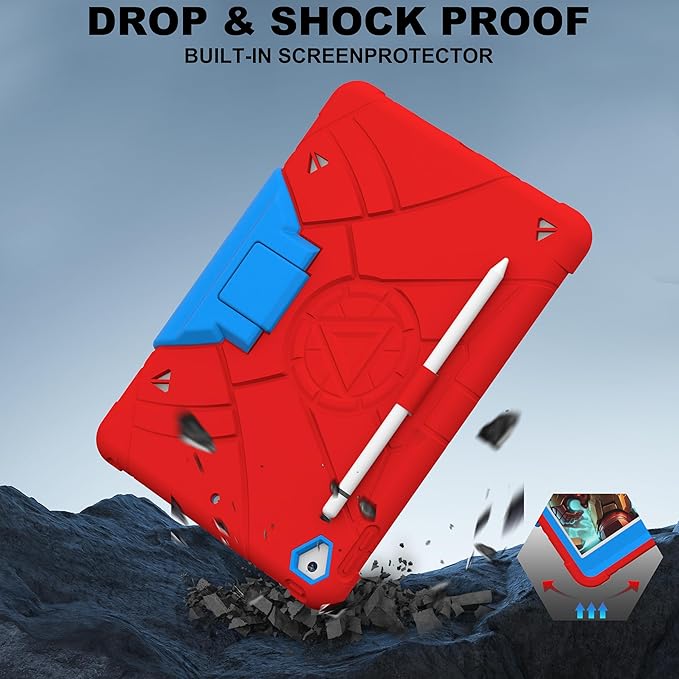 Case for iPad 9th/8th/7th Generation 10.2 inch Heavy Shockproof Cover with Screen Protector/180° Rotating Handle/Bracket/Pen Holder/Shoulder Strap Kids Case for 2021/2020/2019 (D-Red+Blue)