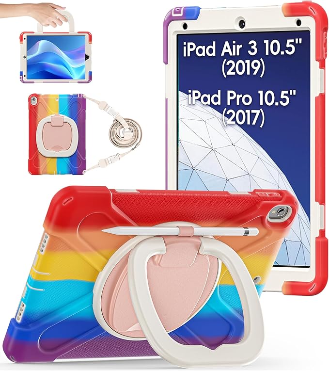 BATYUE 10.5 inch Case for ipad Air 3rd Generation 2019 / ipad pro 10.5 2017 Rugged Heavy Duty Protective Cover with Pencil Holder 360° Swivel Stand Shoulder Strap for Kids (Colourful Red)