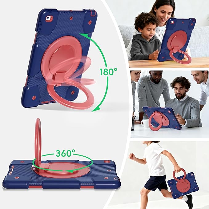 Case for iPad 9th/8th/7th Generation 10.2 inch Shockproof Cover with Screen Protector/360° Rotate Stand/Pencil Holder/Shoulder Strap Kids Case for iPad 2021/2020/2019 (Navy+Red)