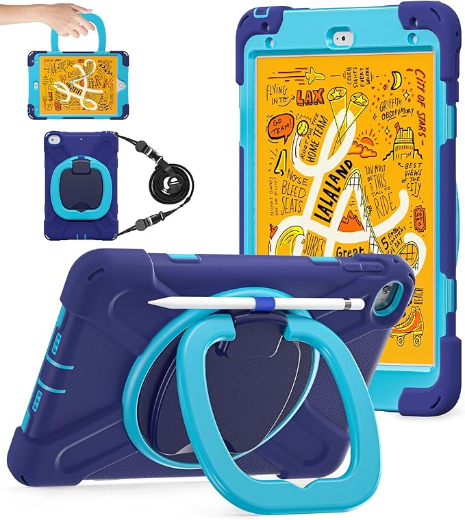 BATYUE for iPad mini 5/4 7.9 Inch Case (2019/2015) Heavy Duty Protective Cover with 360° Kickstand Detachable Shoulder Strap &amp Pencil Holder for Business &amp Bulk Orders - Navy Blue