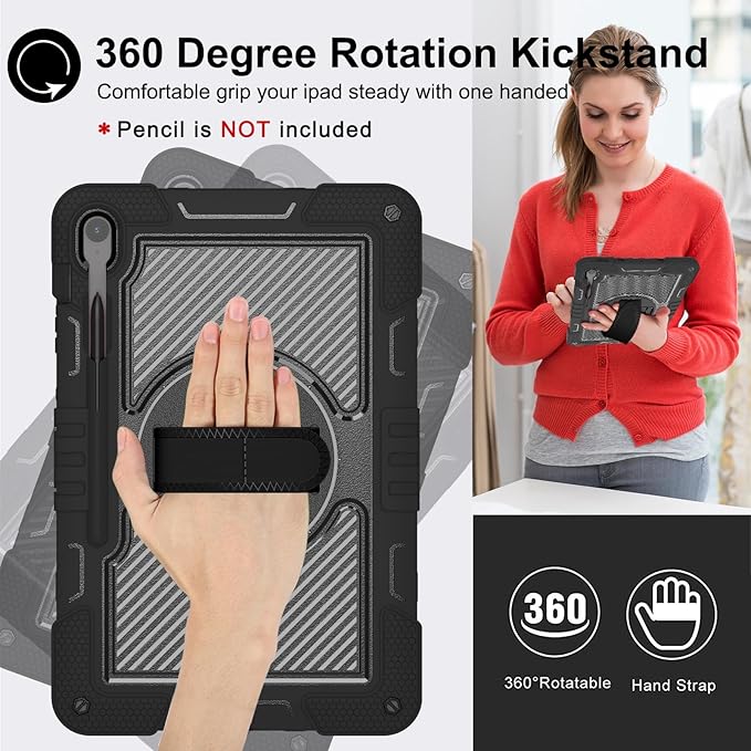 Tablet Case Compatible with Samsung Galaxy Tab S10 FE Plus 13.1 Inch 2025 Model (SM-X620/X626) CaseHeavy Duty Shockproof Rugged Protection Cover Stand &ampHand Strap+Shoulder Strap(Black)