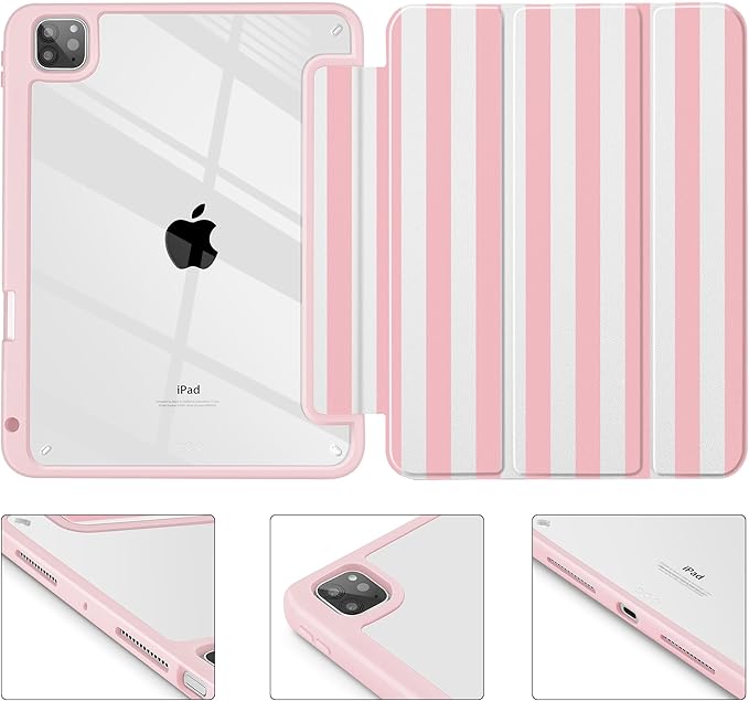 May Chen for iPad Pro 11 inch M2 4th Generation 2022 iPad Pro 11 3rd/2nd/1st Gen Built-in Pencil Holder with Shockproof Cover Clear Transparent Back Shell Auto Wake/Sleep Pink Stripes