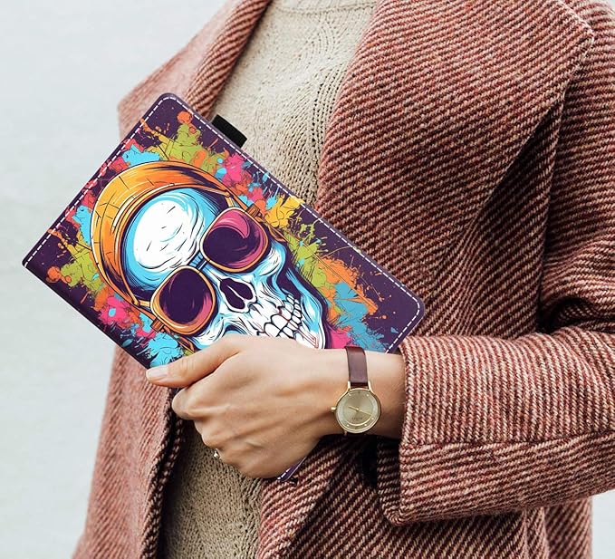 Case for Amazon Kindle Fire 7 Tablet (7 9th/7th Generation 2019/2017 Release) Slim PU Leather Cover with Card Slot &amp Auto Wake/Sleep Watercolor Art Skull