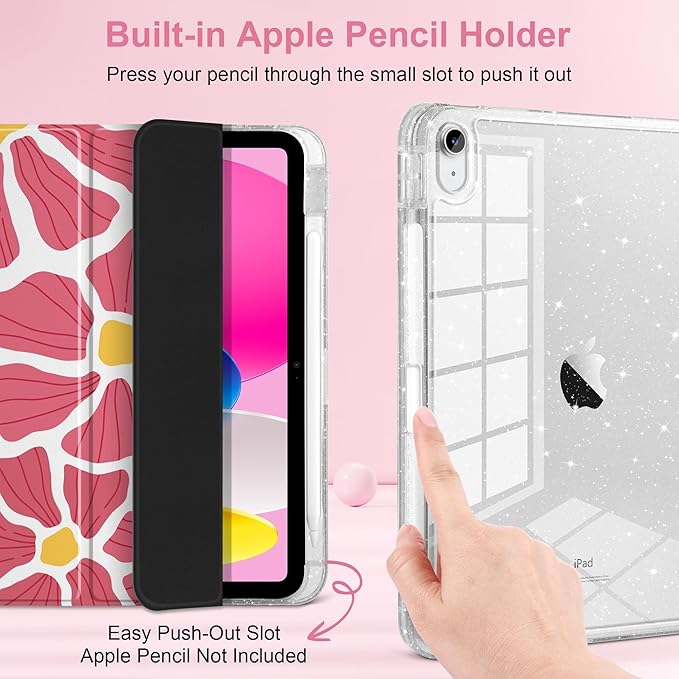 MEEgoodo Case for iPad A16 11th Generation 2025/10th Generation 2022 Glitter Tablet Cases with Transparent Acrylic Back+Trifold Stand +Pencil Holder+Auto Wake/SleepPrint with Flowers