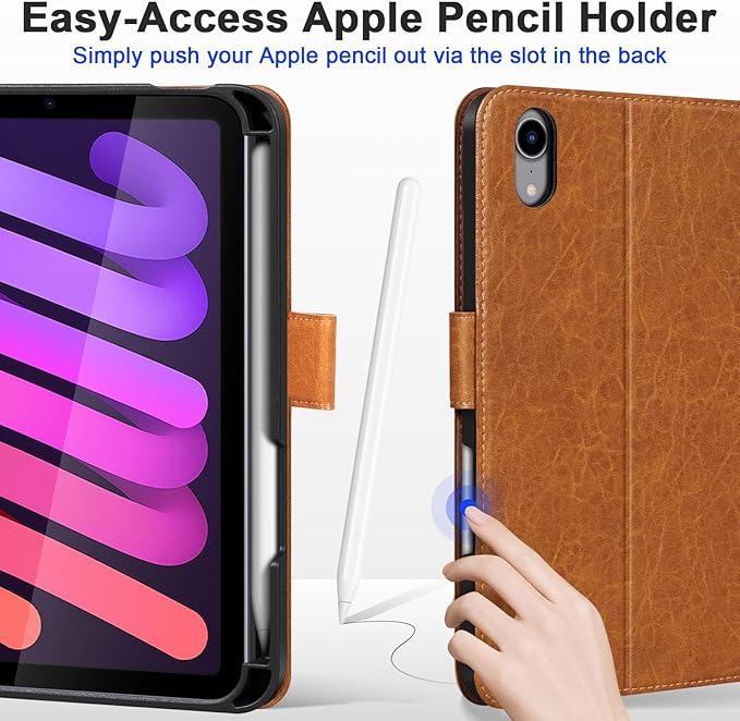 Genuine Leather Case for iPad mini 7th/6th Gen 8.3 inch Premium Folio Cover with Apple Pencil Holder Auto Wake/Sleep Adjustable Stand &amp Magnetic Closure Yellow Brown