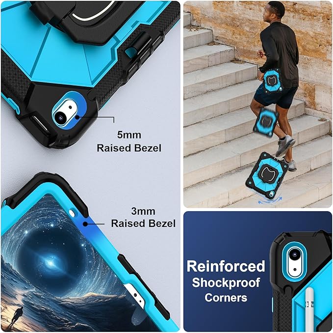 Case for iPad (A16) 11th Generation 11 Inch (2025) / iPad 10th Generation Case 10.9 Inch (2022) with 360° Rotating Stand Screen Protector Pen Holder Shoulder Strap Black Blue