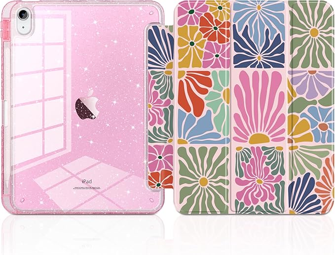 DONGKE for iPad Pro 11 inch Case – Fits M5 2025 / M4 2024 Shockproof Sparkling Glitter Acrylic Back Pencil Holder Trifold Stand Auto Sleep/Wake &amp Touch ID Support - Colorful Florals