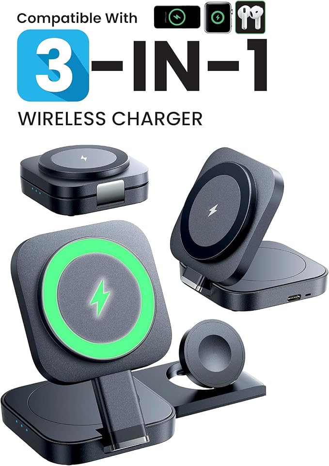 Trendwave 3 in 1 Charging Station for Apple Magsafe Charger Travel Accessories Wireless Charger 3 in 1 for for Airpods iWatch iPhone 12-17 Pro Max Black