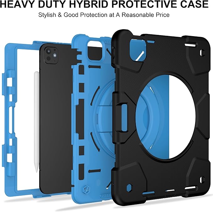 Case for iPad Pro 11 Inch M4 2024/M5 2025 Case Heavy Duty Shockproof Cover with Screen Protector/360° Rotate Stand/Shoulder Strap/Pencil Holde (Black+Blue iPad Pro M4/M5 11 inch)