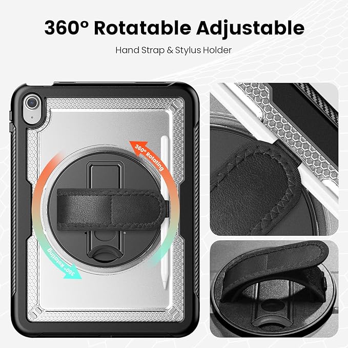 Clear Case for iPad (A16) 11th/10th Generation 11''/10.9'' 2025/2022: Shockproof Protective Case with Hand/Shoulder Strap Pencil Holder Rotate Stand Screen Protector