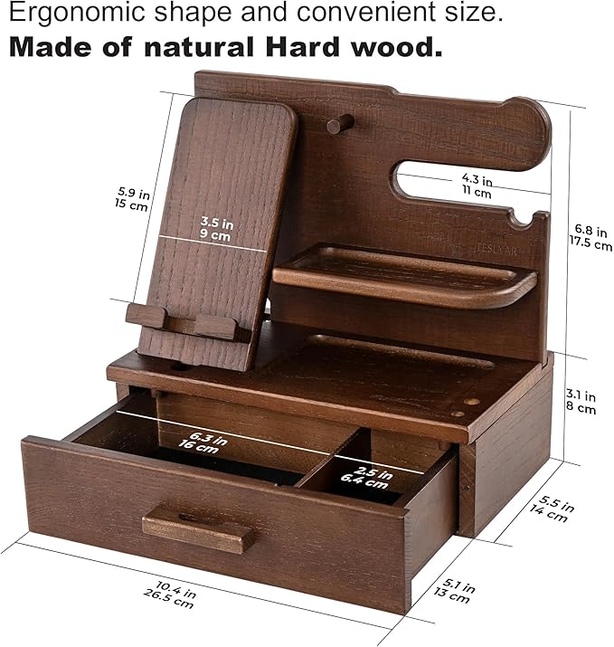 TESLYAR Wood Phone Docking Station with Drawer - Nightstand Organizer - Desk Organizer for Husband - Birthday Gifts for Men Dad Anniversary Idea Key Holder Stand Watch &amp Accessories (Antique Br