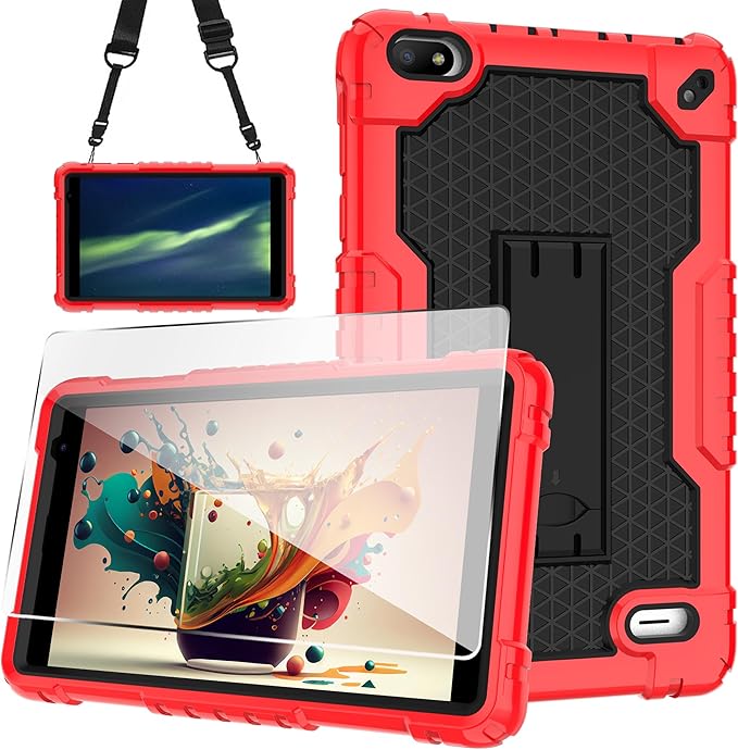 Case for BLU M8L 2022BLU M8L Plus 8 inch Tablet - [Built-in Kickstand] Anti Slip Kids Friendly Shockproof Silicone Protective Cover with Screen Protector (Red/Black/1 PC)