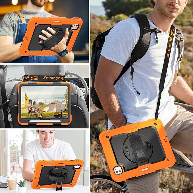 HXCASEAC for iPad Pro 11 Inch Case (M5/M4) 2025/2024 Shockproof Design with Pencil Holder Protector Rotating Stand Hand Strap Heavy Duty Protective iPad Pro11 6th/5th Generation Cover Orange