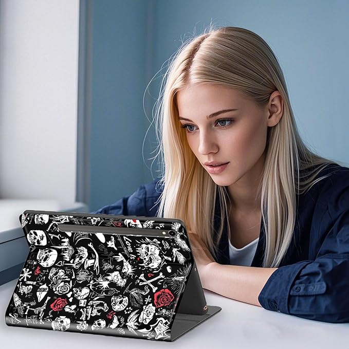 for Samsung Galaxy Tab S9 11 Tablet 2023 Case–PU Leather Folio Cover with Auto Sleep/WakeStand - Style Shockproof Protective Case for Galaxy Tab S9Skulls Red Roses Flowers