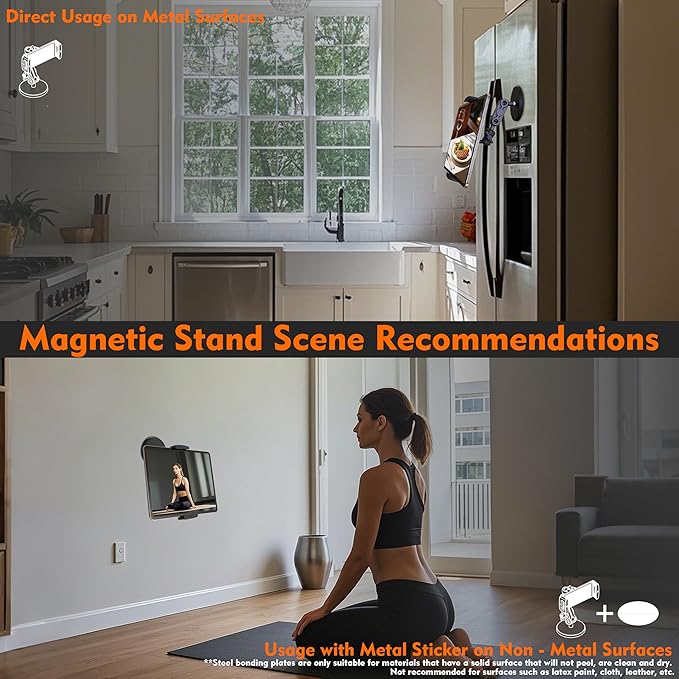 Universal Magnetic Tablet Holder 360°Adjustable 7.7 Aluminum Heavy Duty Arm 3.5 Magnetic Base for Fridge Whiteboard Gym Warehouse Kitchen Fits 4-13 Tablets Phones
