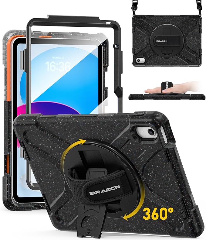 BRAECN for iPad (A16) 11th/10th Generation case 11/10.9 inch 2025/2022 Heavy Duty Shockproof Protective with Pencil Holder Screen Protector 360°Rotating Stand Handle &amp Shoulder Strap Full Body Cov