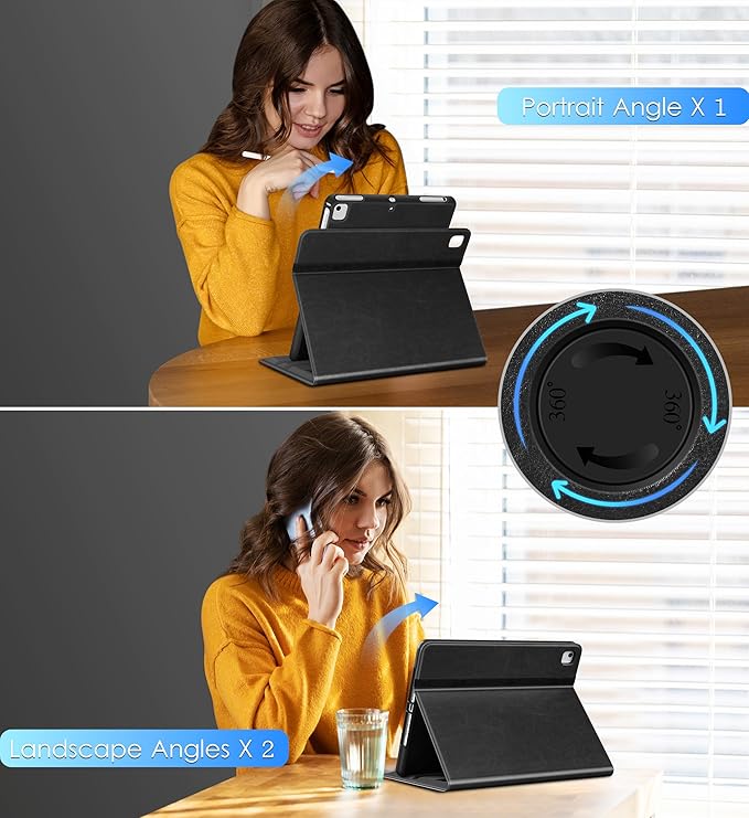 DTTO Rotating Case for iPad 6th / 5th Generation 9.7 Inch 2018/2017 iPad Air 2 / Air 1 Case 360 Degree Swiveling Premium Leather Folio Stand Cover with Pencil Holder - Auto Wake/Sleep Black Brown