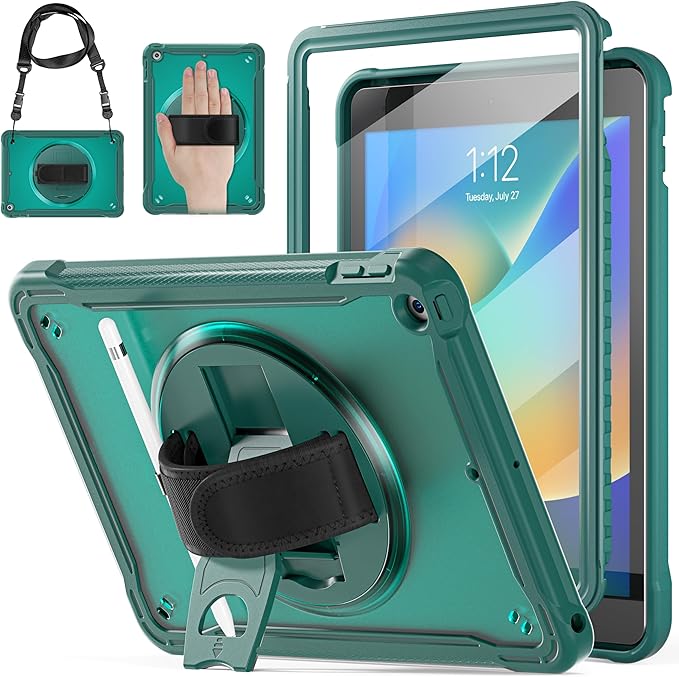 BRAECNstock for iPad 9th/ 8th/ 7th Generation Case 10.2 2021/2020/2019Shockproof Cover with 360° Rotating Hand Strap/StandScreen ProtectorCarrying Shoulder StrapPencil Holder(Midnight Green)