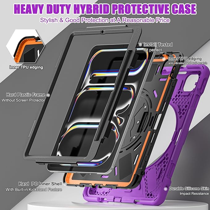 Batianda Case for New iPad Pro 11-inch 2025 M5 2024 M4 Chip Heavy Duty Rugged Durability Silicone Tablet Cover with 360° Rotating Hand Strap Foldable Hidden Stand &amp Shoulder Strap Purple