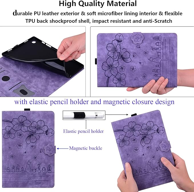 for Amazon Kindle Fire HD 8 &amp Fire HD 8 Plus Case 12th/10th Generation (2024/2022/2020) 8 UUcovers Embossed PU Leather Folio Magneic Cover with Stand/Pencil Holder Cherry Blossom Purple Cat