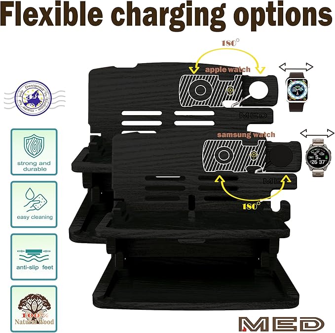 MED Wood Phone Docking Station for Men - Desk or Nightstand Organizer - Birthday Gifts for Husband Dad - Anniversary Idea from Wife - Key Holder Stand Wallet Watch &amp Essentials (Black)