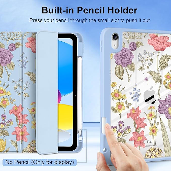 DONGKE Case for iPad (A16) 11th Generation 11 inch 2025 &amp iPad 10th Gen 10.9 inch 2022 [Built-in Pencil Holder] Clear Acrylic Back Trifold Stand Smart Cover Auto Sleep/Wake Blue Botanical Flora