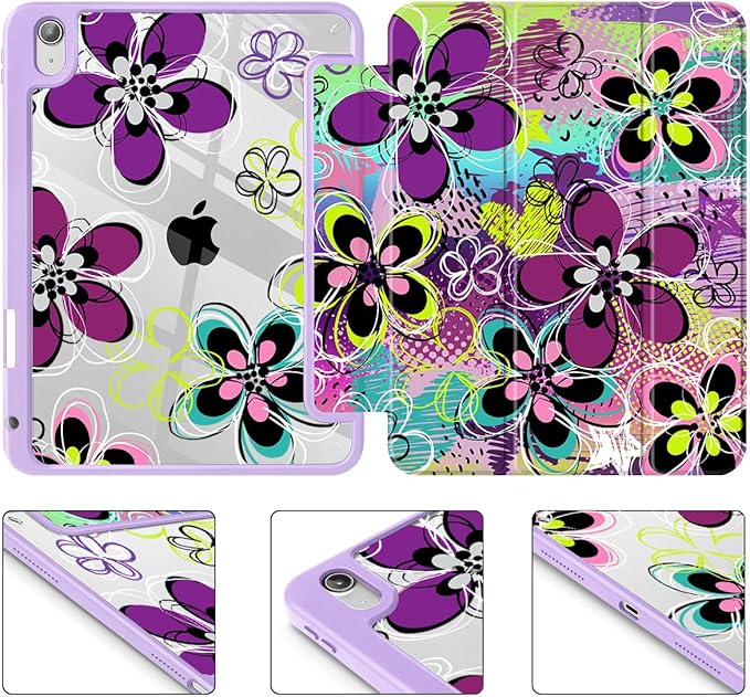 Case for iPad 11 inch A16 2025 Generation 11th / iPad 10.9 inch 2022 10th Gen Buit in Pencil Holder with Shockproof Cover Clear Transparent Back Shell Auto Wake/Sleep Abstract Floral SD163