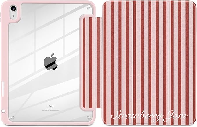 Case for iPad (A16) 11th Generation 11 inch 2025 /iPad 10th Gen 10.9 2022 -Premium Shimmering Silk Texture Trifold Cover with Clear Back Luxury Coquette Aesthetic Protective Skin Red Striped