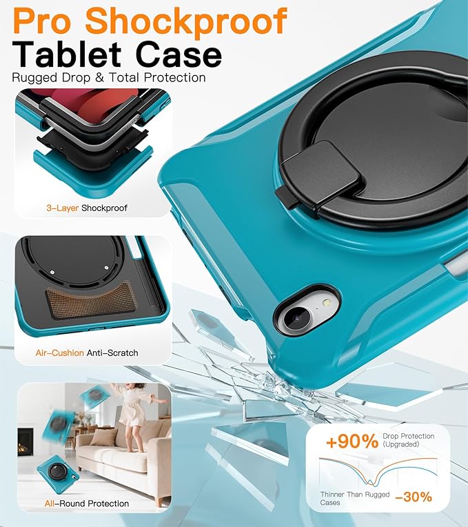 BATYUE Shockproof Case for iPad mini 7 (A17 Pro)/ Mini 6 8.3 inch (2024/2021) - 360° Multi-Angle Stand (Portrait &amp Landscape) &amp Grip Built-in Pencil Holder Lake Blue