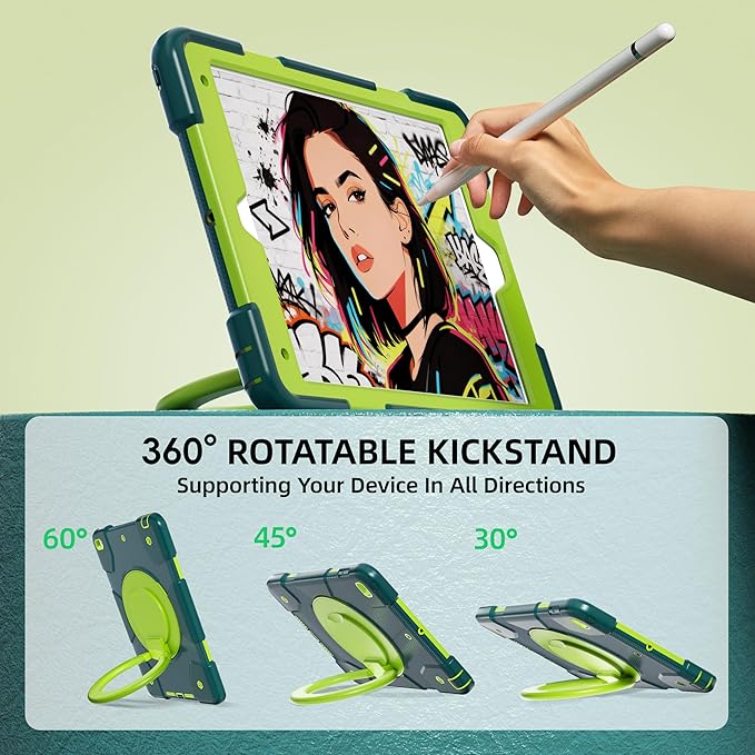 Case for iPad 9th/8th/7th Generation 10.2 inch Shockproof Cover with Screen Protector/360° Rotate Stand/Pencil Holder/Shoulder Strap Kids Case for iPad 2021/2020/2019 (Dark Green+Green)
