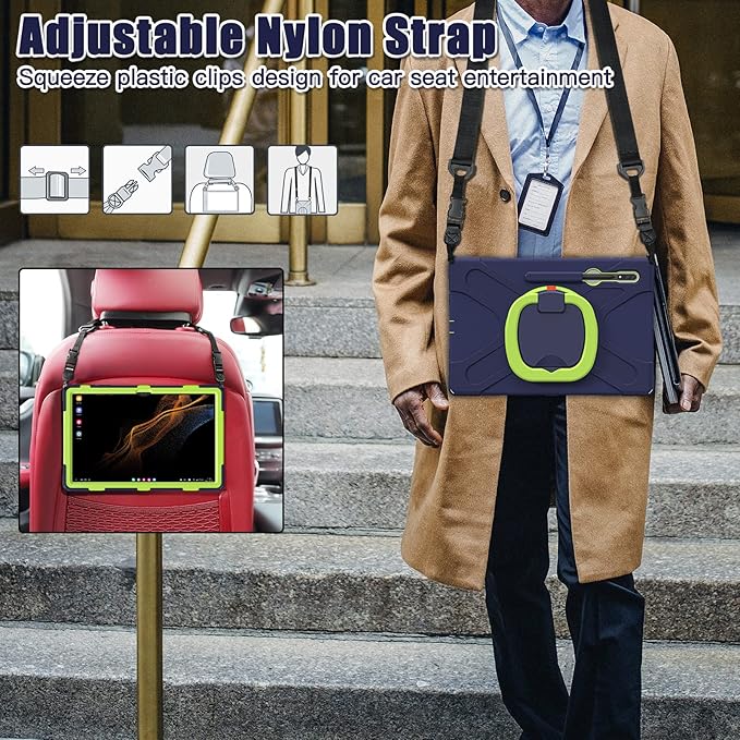 Heavy Duty Case for Galaxy Tab S10 Ultra 2024/S9 Ultra 2023/S8 Ultra 2022 Hybrid Rugged Case with S Pen Holder Shockproof Kids Case with 360 Rotating Stand/Shoulder Strap (Navy+Green)