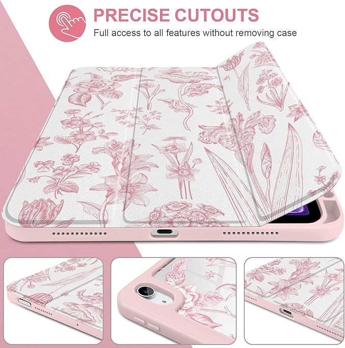 DONGKE Case for iPad Air 11-inch M4 2026 &amp M3 2025 &amp M2 2024 iPad Air 5th/4th Generation 10.9 2022/2020 [Built-in Pencil Holder] Clear Acrylic Back Trifold Stand Smart Cover Pink Florals