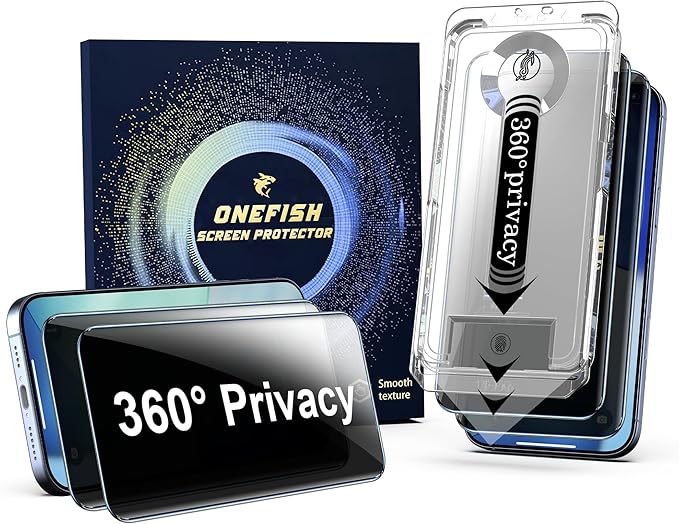 OneFish for iPhone 16 Pro Privacy Screen Protector - 4 Way 360 Anti Spy Bubble Free Easy Installation with Auto Dust-Elimination for 16 Pro