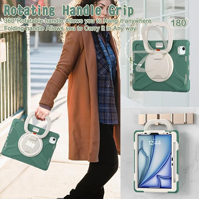 SCSVPN Case for iPad Air 11 Inch M4 2026/M3 2025/M2 2024 iPad Air 10.9'' 5th/4th Gen 2022 2020 iPad Pro 11 4th/3rd/2nd/1st Gen Protective Case with Pen Holder Stand Shoulder Strap Emerald Green