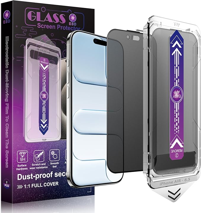 Matte Privacy Screen Protector for iPhone Air 6.5-Inch Auto Dust Removal 9H Anti-Spy Tempered Glass Film Full Cover Anti-Fingerprint Easy Installation 2 Pack