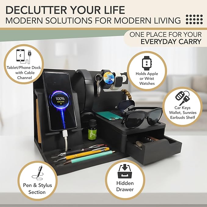 Nightstand Organizer- Bedside Docking Station for Men- Unique Gifts for Husband Father or Dad from Wife Son or Daughter- Desk Organizer for Phone Watches Wallet &amp Accessories (Black)
