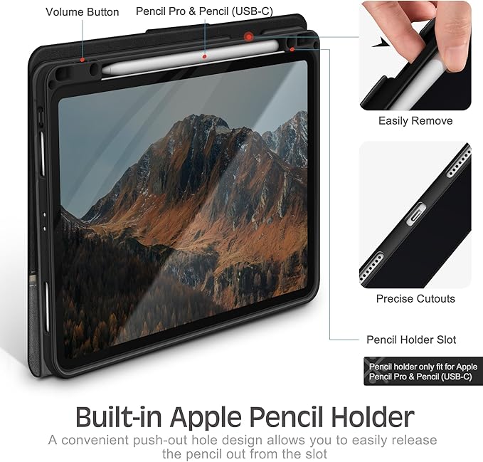 KingBlanc Case for iPad Pro 12.9 6th/5th/4th/3rd Generation 2022/2021/2020/2018 with Pencil Holder Vegan Leather Bicolor Cover Auto Sleep/Wake Support Pencil2 Charging Multi-Angle Viewing Black