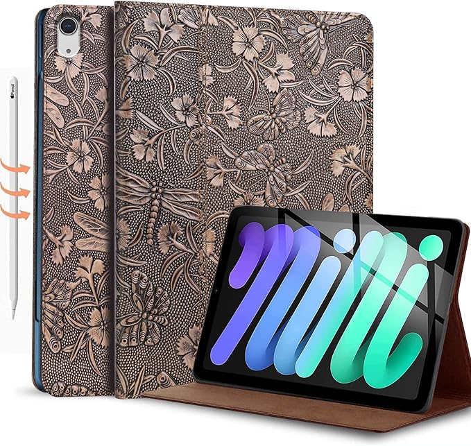 Gexmil Genuine Leather Case for iPad mini 7 (A17 Pro) 2024iPad mini 6 Generation 8.3 Inch Case 2021 Anti Fingerprint/SlipCowhide Folio Cover Auto Sleep/Wake with Adjustable StandButterfly Pattern