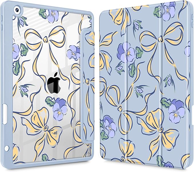 Case for iPad 9th/ 8th/ 7th Generation 10.2-Inch Case(2021/2020/2019 Release) [Built in Pencil Holder] Trifold Stand Auto Wake/Sleep Clear TPU Protection Back Cover Pansies Bows