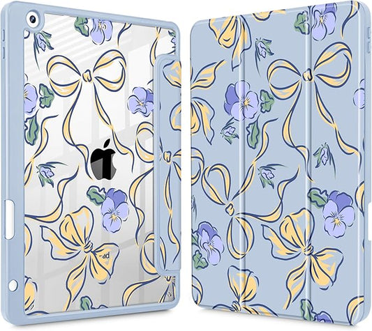 Case for iPad 9th/ 8th/ 7th Generation 10.2-Inch Case(2021/2020/2019 Release) [Built in Pencil Holder] Trifold Stand Auto Wake/Sleep Clear TPU Protection Back Cover Pansies Bows