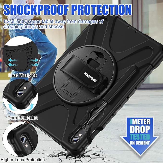 BRAECNstock for Samsung Galaxy Tab S10 Lite/ S10 FE/ S9 FE/ S9/ S8/ S7 5G Case 10.9/11 Shockproof Protective Case with Pencil Holder 360° Rotating Hand Strap &amp Stand Shoulder Strap Black