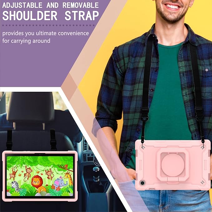 Dteck for Samsung Galaxy Tab A8 (SM-X200/X205) Tablet Case 10.5 2022 Release Shockproof Sturdy Rugged Case for Kids with Rotate Handle and Kickstand Protective Cute Cover with Shoulder Strap Pink