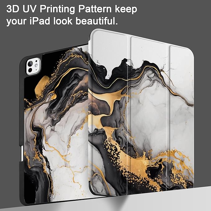 DONGKE Case for iPad Pro 13 inch (M5 2025 / M4 2024) – [Built-in Pencil Holder] Ultra Slim PU Leather Trifold Stand Cover with Soft TPU Back Auto Wake/Sleep - Golden Marble