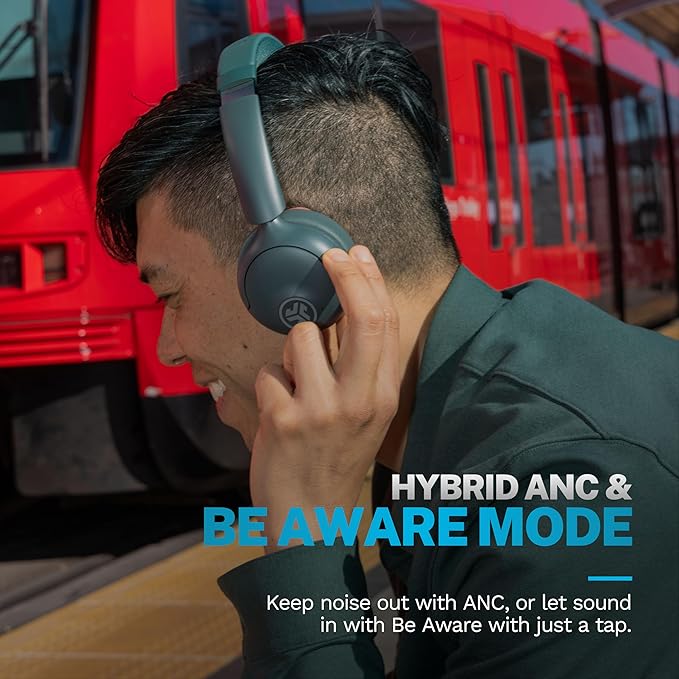 JLab Go Lux ANC Wireless Headphones Sage Hybrid Active Noise Cancelling Premium On-Ear Bluetooth Headset Customizable Sound Be Aware Mode Cloud Foam Comfort Multipoint Connection