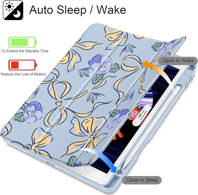 Case for iPad 9th/ 8th/ 7th Generation 10.2-Inch Case(2021/2020/2019 Release) [Built in Pencil Holder] Trifold Stand Auto Wake/Sleep Clear TPU Protection Back Cover Pansies Bows